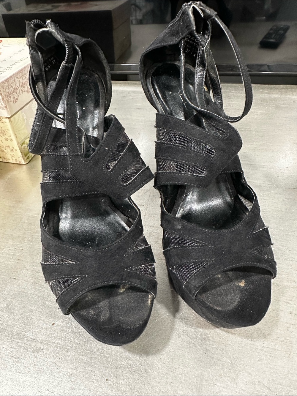 Aldo Black Suede Strappy Ankle-Heel Sandals